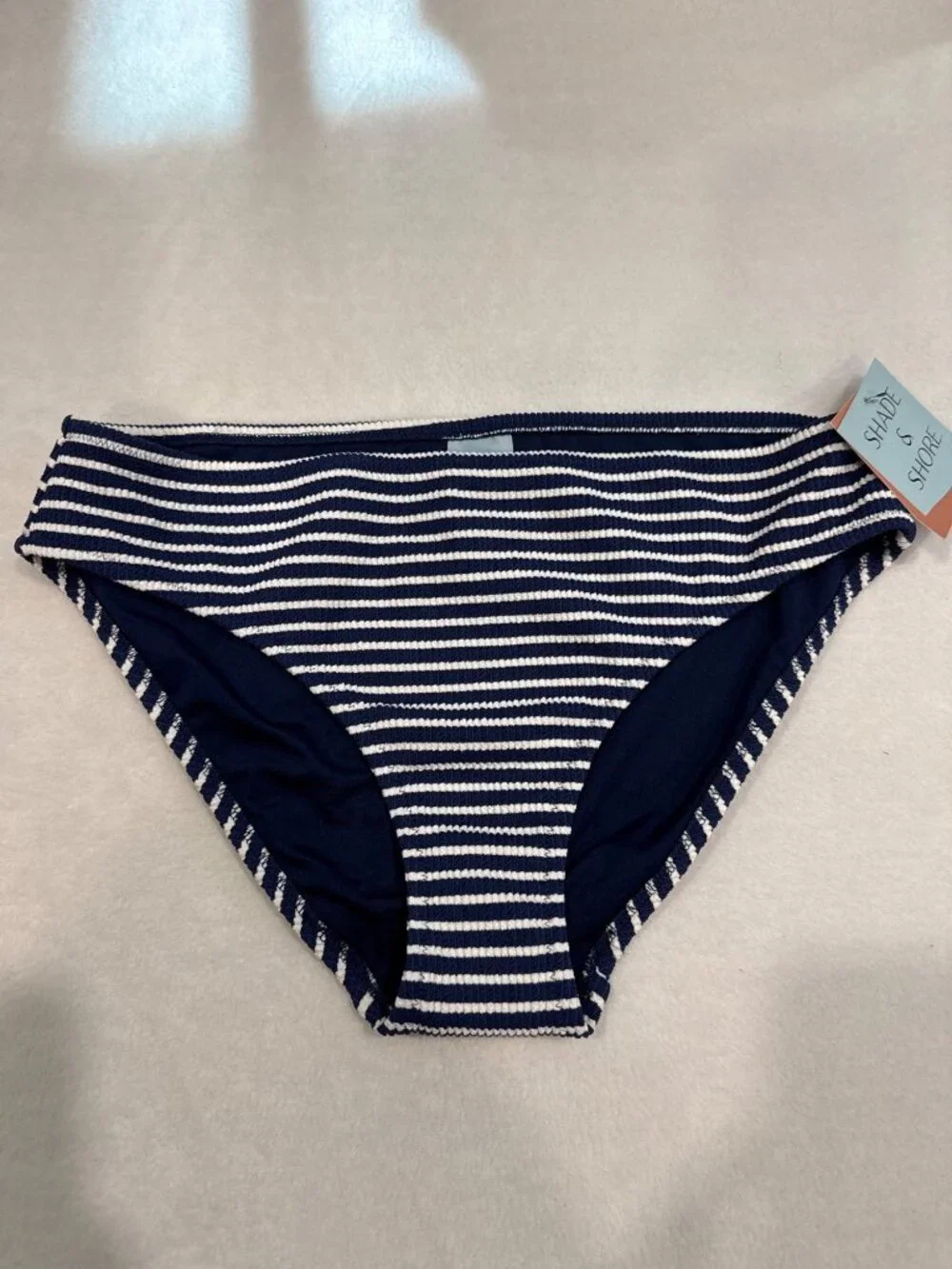 Shade & Shore MEDIUM 8-10 Navy Blue & White striped Swimsuit bottoms NEW